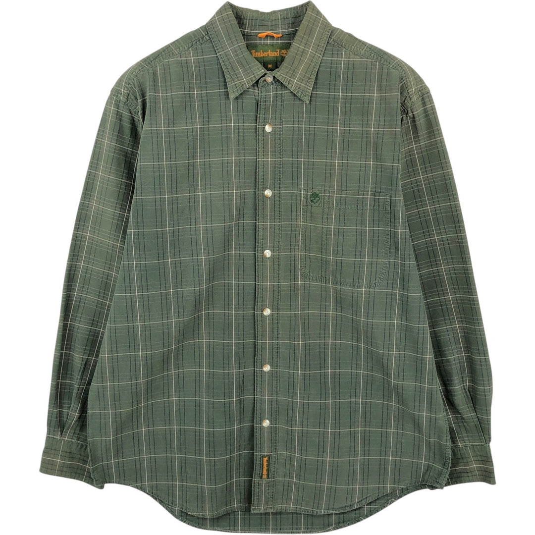 90s-00'S Timberland long-sleeved cotton check shirt, men's size M (approx.) cotton Green type dark green Vintage Second Hand