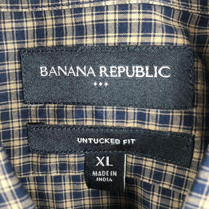2000'S Banana Republic Untucked Fit Long-Sleeve Button-Down Check Shirt, Men's Size XL cotton navy blue type Vintage Second Hand