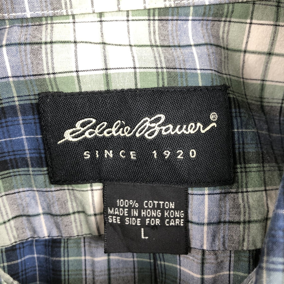 Eddie Bauer Ombre Check Short-Sleeve Button-Down Check Shirt, Men's Size L (approx.) cotton blue type Vintage Second Hand