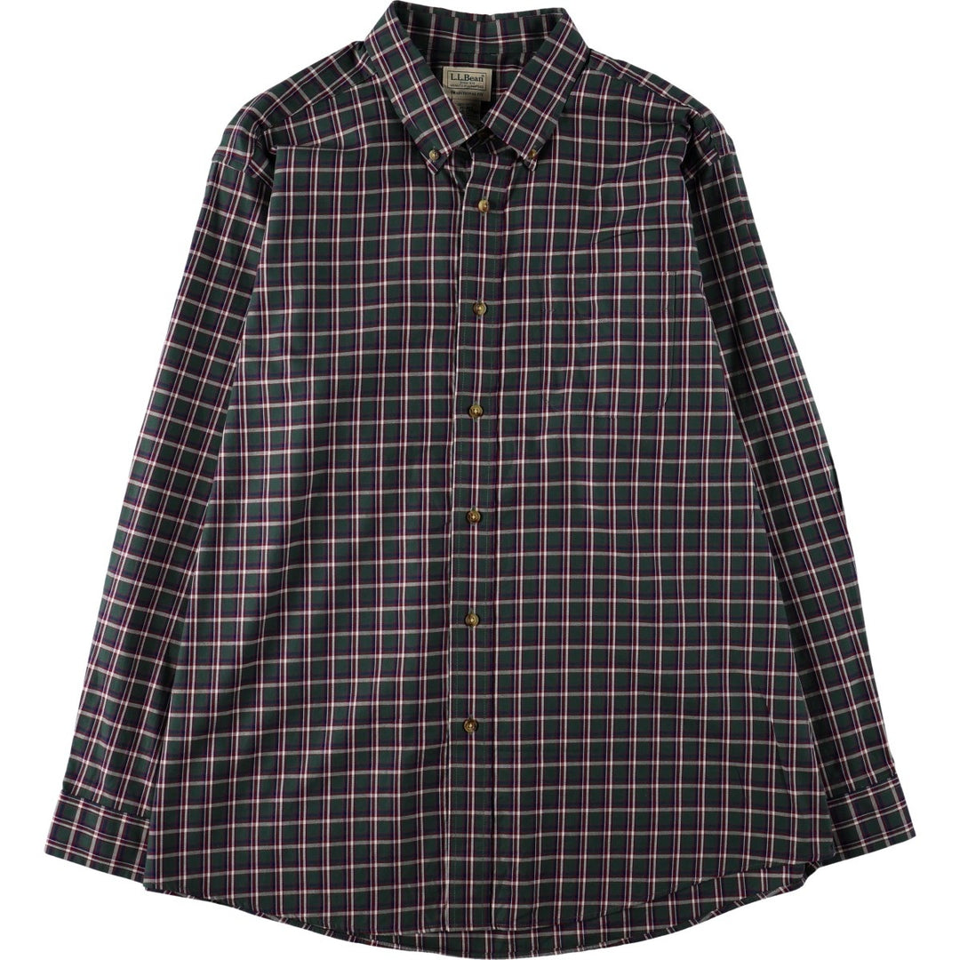 90s-00'S LLBean Traditional Fit Long-Sleeve Button-Down Check Shirt, Men's Size XL (approx.) cotton Green type dark green Vintage Second Hand