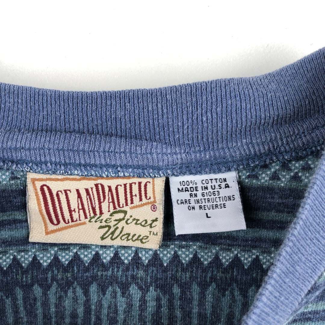 90'S Ocean Pacific all-over striped short-sleeved T-shirt, made in USA, men's size L equivalent, vintage. cotton Blue type light blue Vintage Second Hand