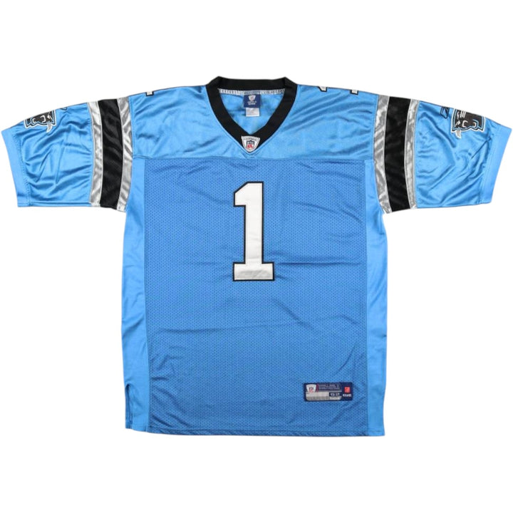 Big Size Reebok Carolina Panthers Mesh V-Neck Football 3/4 Sleeve T-Shirt (Men's XXXL equivalent) polyester Blue type light blue Vintage Second Hand