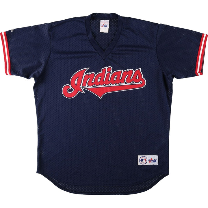 90'S Majestic Cleveland Indians Game Shirt, V-neck, Mesh, Baseball Shirt, Made in USA, Men's XL (approx.) polyester navy blue type Vintage Second Hand