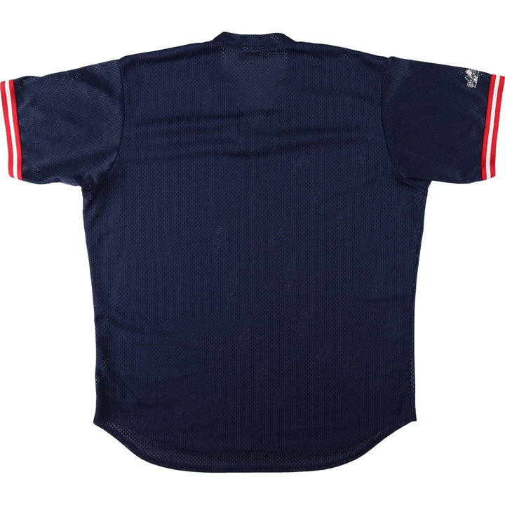 90'S Majestic Cleveland Indians Game Shirt, V-neck, Mesh, Baseball Shirt, Made in USA, Men's XL (approx.) polyester navy blue type Vintage Second Hand