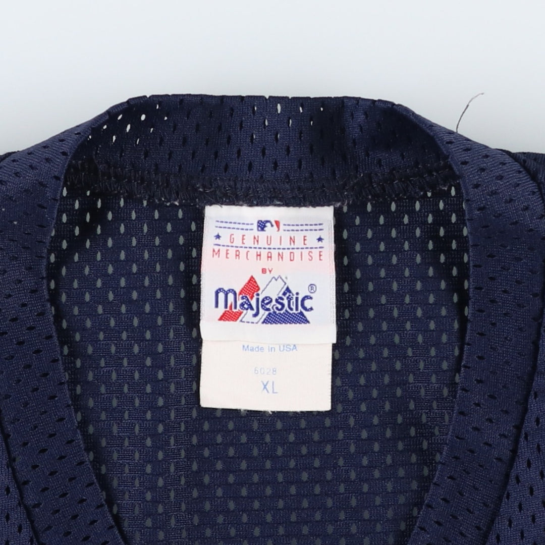 90'S Majestic Cleveland Indians Game Shirt, V-neck, Mesh, Baseball Shirt, Made in USA, Men's XL (approx.) polyester navy blue type Vintage Second Hand