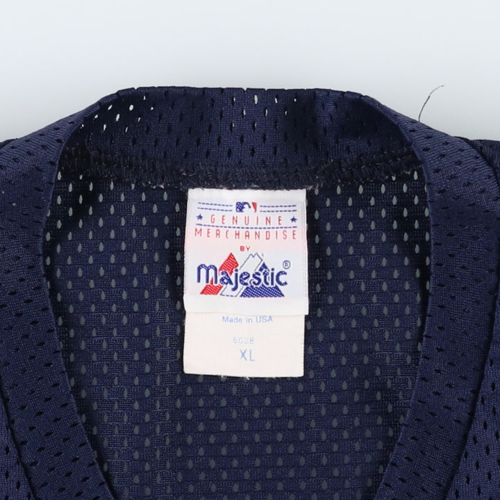 90'S Majestic Cleveland Indians Game Shirt, V-neck, Mesh, Baseball Shirt, Made in USA, Men's XL (approx.) polyester navy blue type Vintage Second Hand
