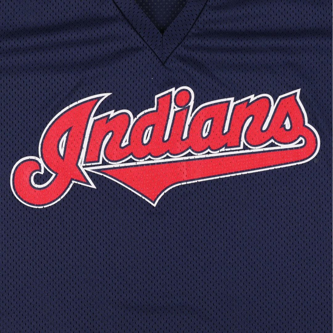 90'S Majestic Cleveland Indians Game Shirt, V-neck, Mesh, Baseball Shirt, Made in USA, Men's XL (approx.) polyester navy blue type Vintage Second Hand
