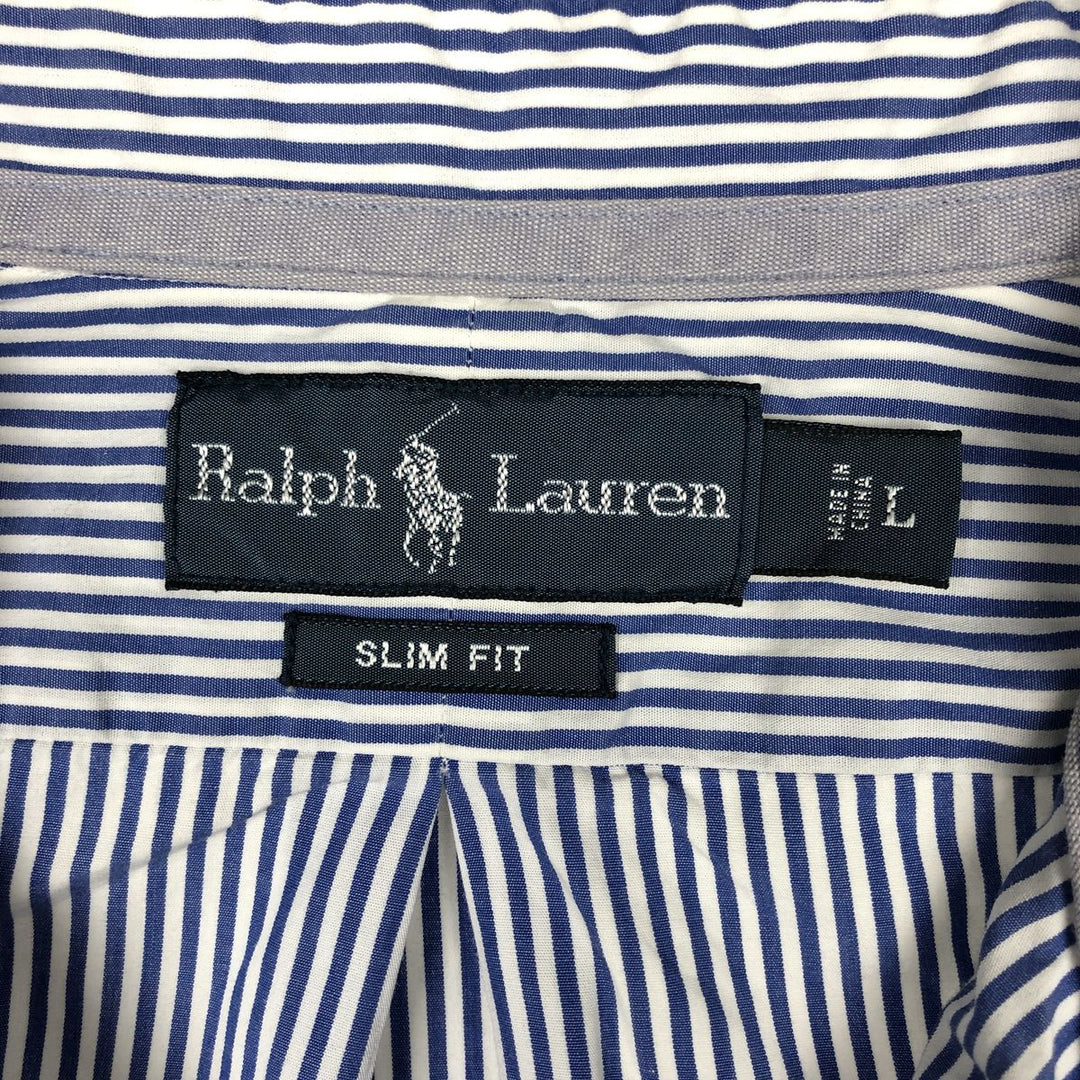Ralph Lauren Slim Fit Long Sleeve Button-Down Striped Shirt, Men's Size L cotton navy blue type Vintage Second Hand