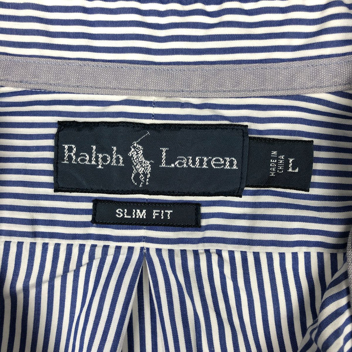 Ralph Lauren Slim Fit Long Sleeve Button-Down Striped Shirt, Men's Size L cotton navy blue type Vintage Second Hand