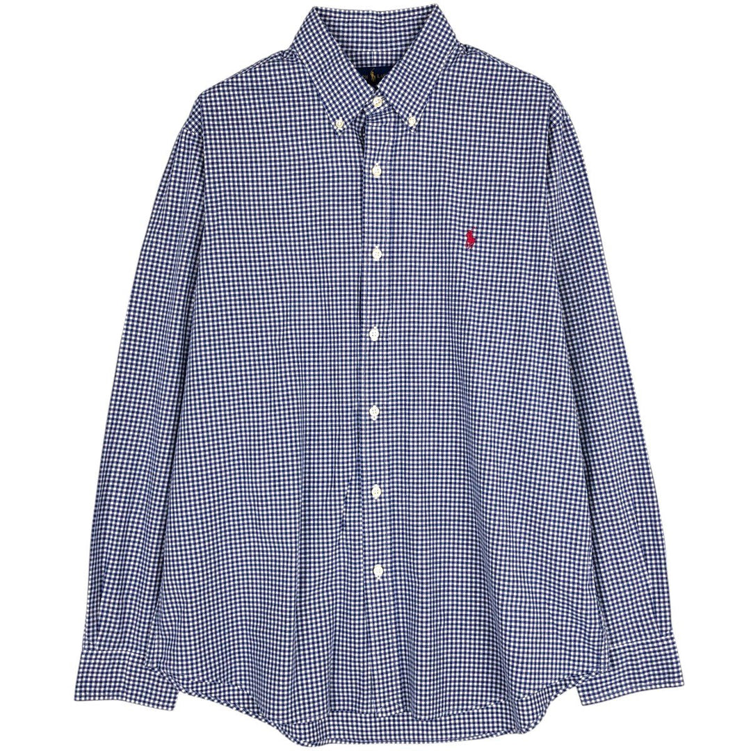 Ralph Lauren Classic Fit Gingham Check Long Sleeve Button-Down Check Shirt, Men's Size L cotton navy blue type Vintage Second Hand