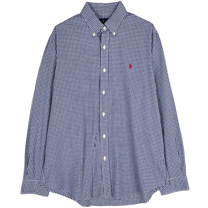 Ralph Lauren Classic Fit Gingham Check Long Sleeve Button-Down Check Shirt, Men's Size L cotton navy blue type Vintage Second Hand