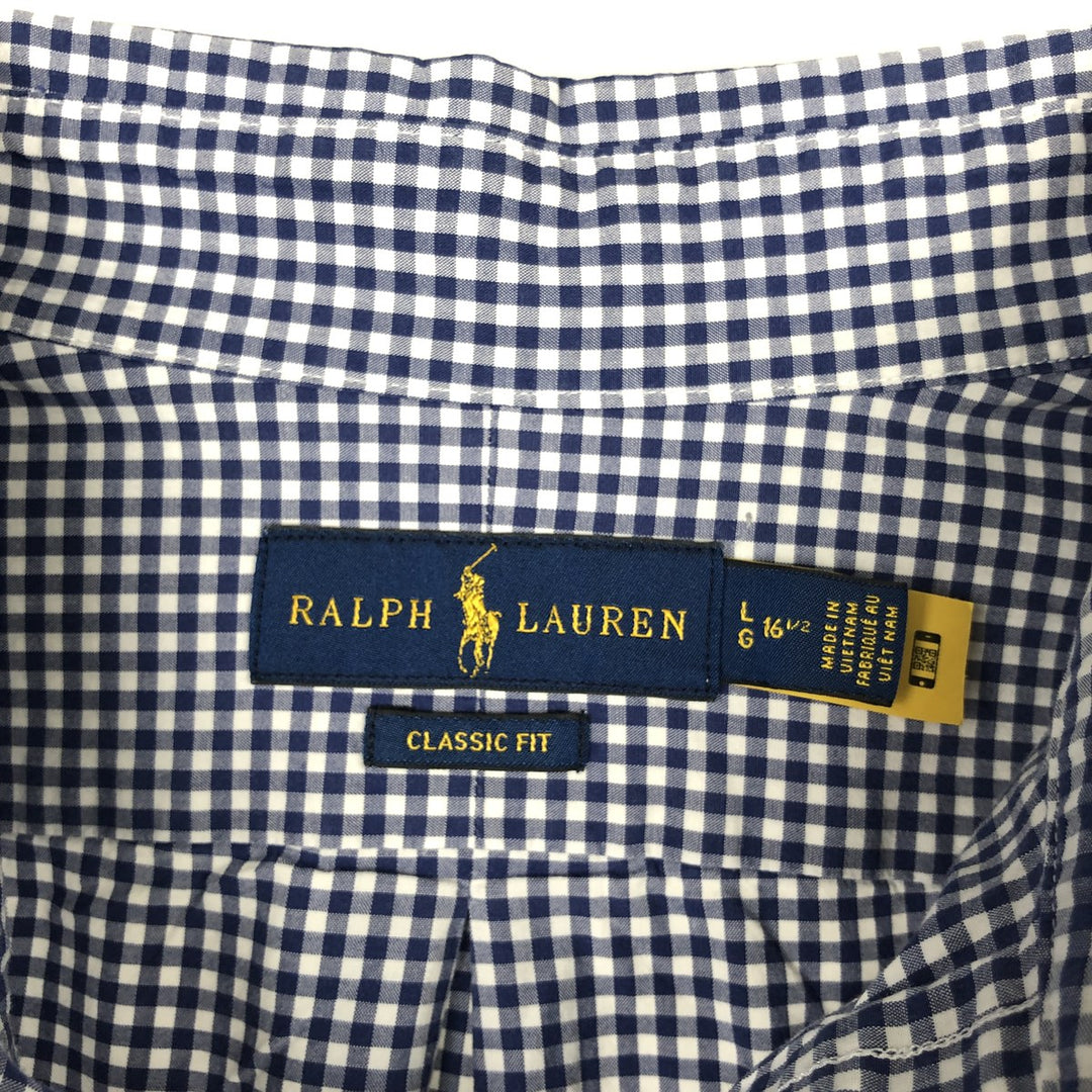 Ralph Lauren Classic Fit Gingham Check Long Sleeve Button-Down Check Shirt, Men's Size L cotton navy blue type Vintage Second Hand