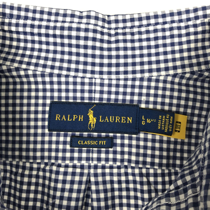 Ralph Lauren Classic Fit Gingham Check Long Sleeve Button-Down Check Shirt, Men's Size L cotton navy blue type Vintage Second Hand