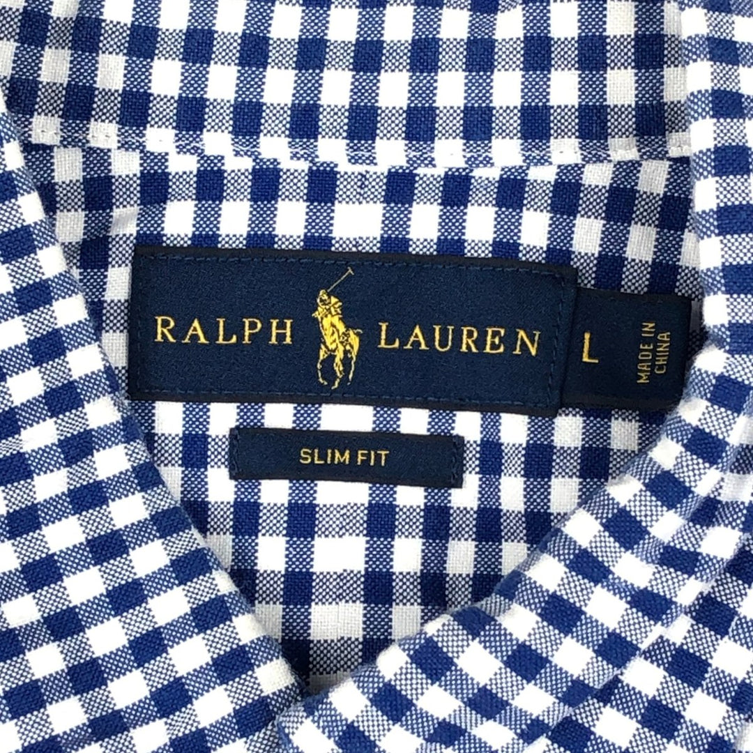 Ralph Lauren SLIM FIT gingham check long-sleeve button-down shirt, men's size L (approx.) cotton blue type Vintage Second Hand