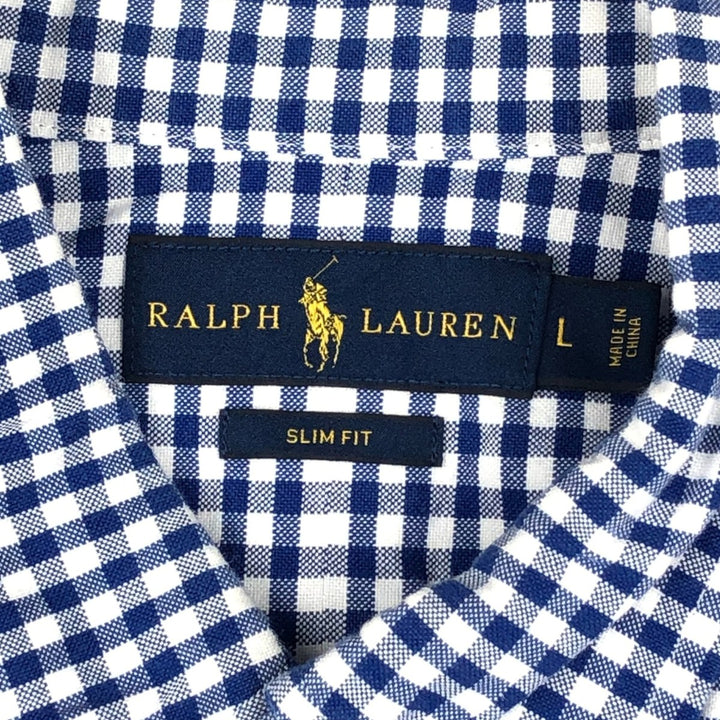 Ralph Lauren SLIM FIT gingham check long-sleeve button-down shirt, men's size L (approx.) cotton blue type Vintage Second Hand
