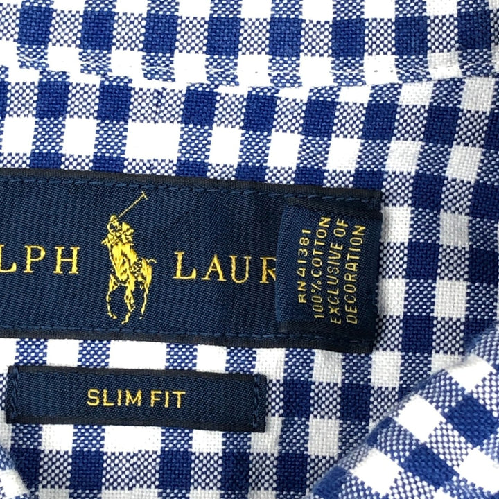 Ralph Lauren SLIM FIT gingham check long-sleeve button-down shirt, men's size L (approx.) cotton blue type Vintage Second Hand
