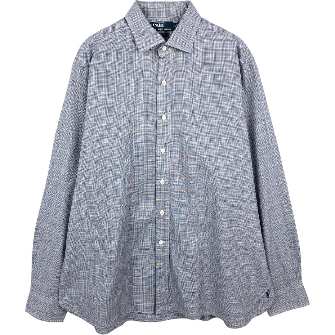 Ralph Lauren POLO by Ralph Lauren REGENT Glen Plaid Long-Sleeve Cotton Check Shirt, Men's Size XL (approx.) cotton navy blue type Vintage Second Hand