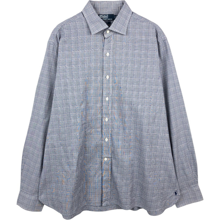 Ralph Lauren POLO by Ralph Lauren REGENT Glen Plaid Long-Sleeve Cotton Check Shirt, Men's Size XL (approx.) cotton navy blue type Vintage Second Hand
