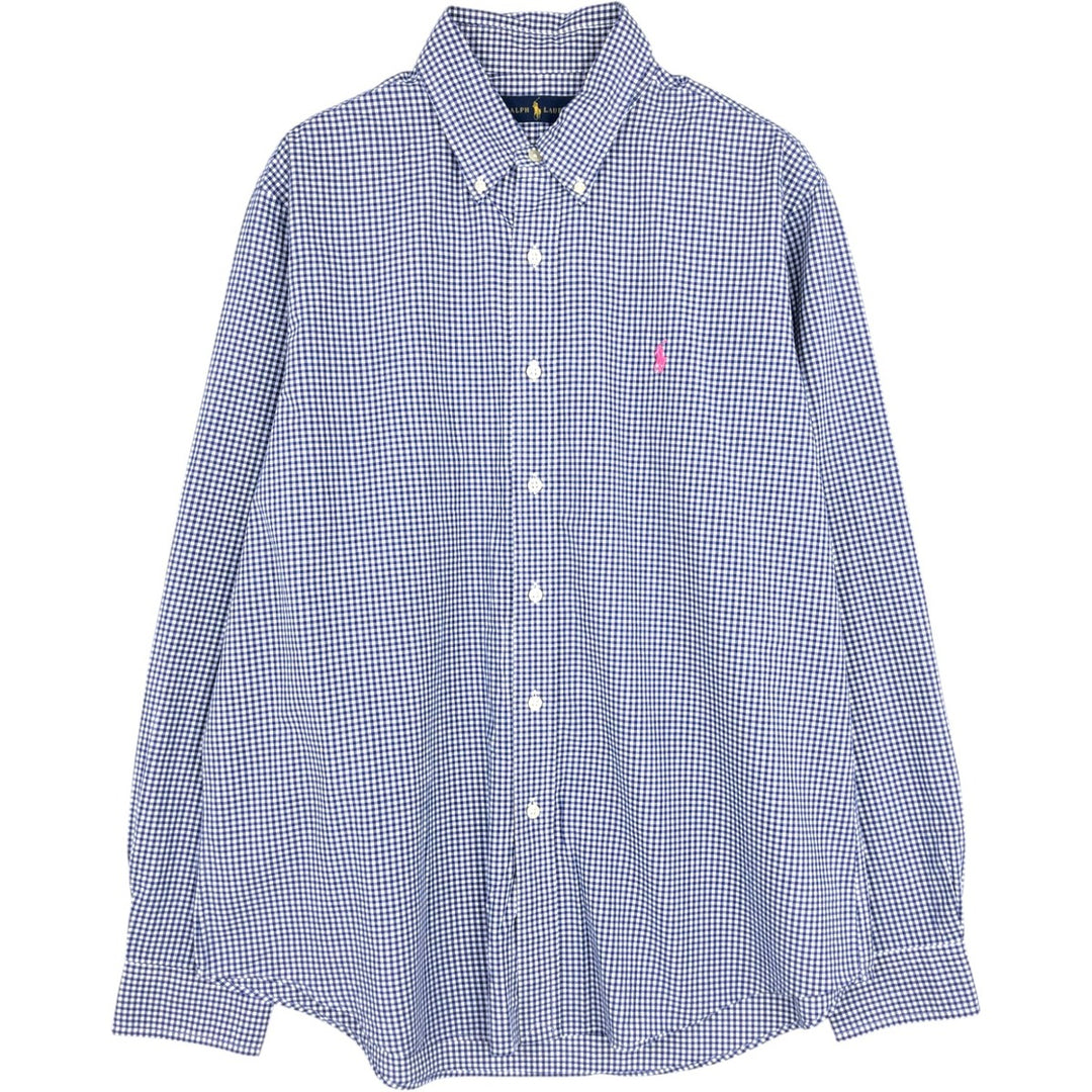 Ralph Lauren Gingham Check Long Sleeve Button-Down Check Shirt, Men's Size L cotton navy blue type Vintage Second Hand