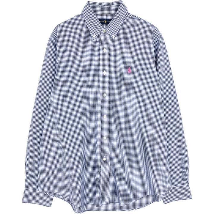 Ralph Lauren Gingham Check Long Sleeve Button-Down Check Shirt, Men's Size L cotton navy blue type Vintage Second Hand