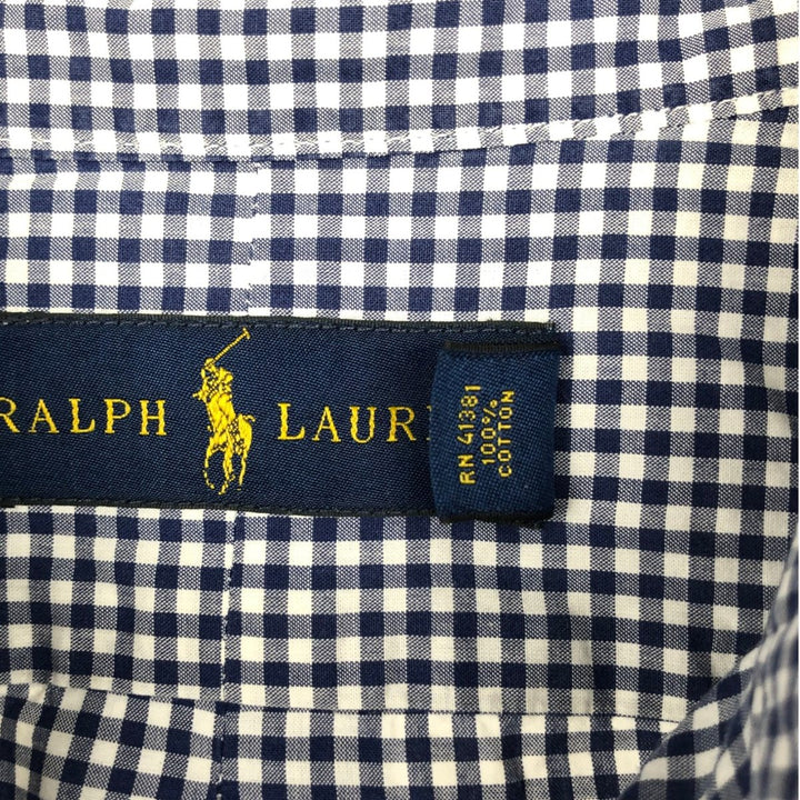 Ralph Lauren Gingham Check Long Sleeve Button-Down Check Shirt, Men's Size L cotton navy blue type Vintage Second Hand