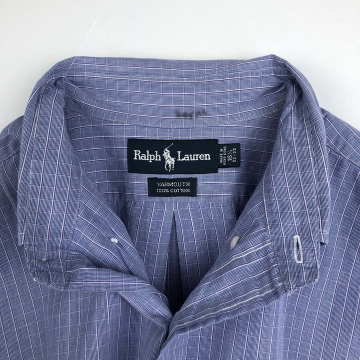 Ralph Lauren YARMOUTH Long-Sleeve Button-Down Check Shirt, Men's Size L (Equivalent), Lightweight cotton Purple type blue-purple Vintage Second Hand