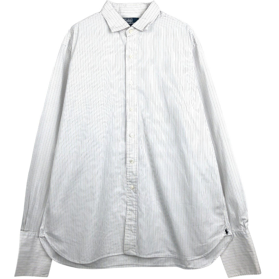 Ralph Lauren POLO by Ralph Lauren ESTATE CXUSTOMFIT Wide Collar Long Sleeve Striped Shirt with Cuffs, Men's Size XL (approx.) cotton white type Vintage Second Hand