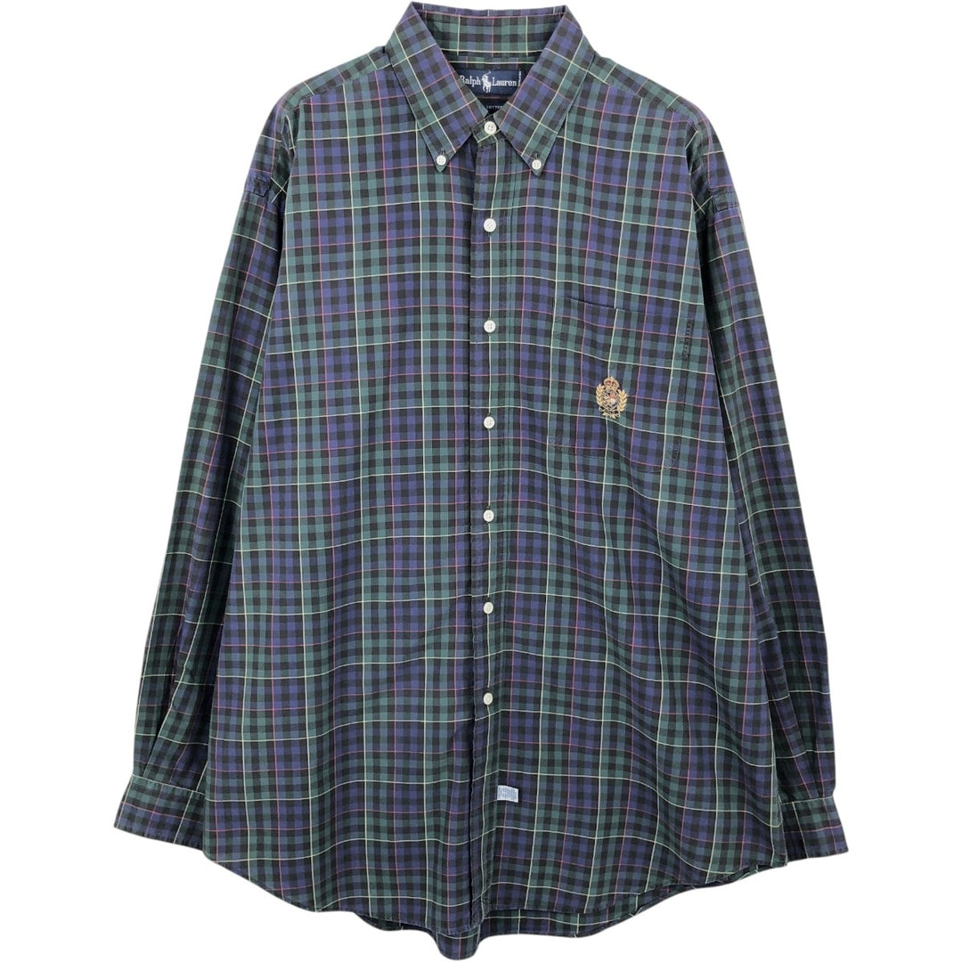 Ralph Lauren long sleeve button down check shirt, men's size L cotton navy blue type Vintage Second Hand