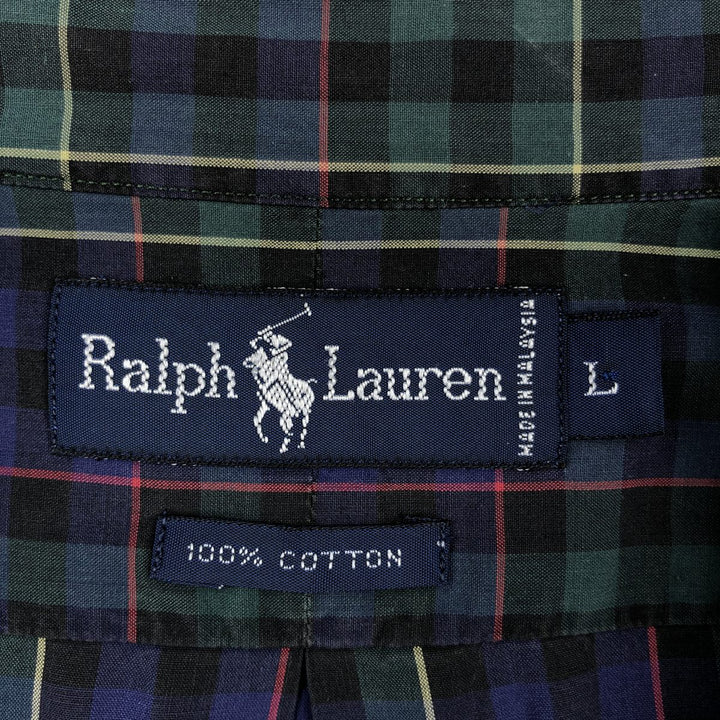 Ralph Lauren long sleeve button down check shirt, men's size L cotton navy blue type Vintage Second Hand