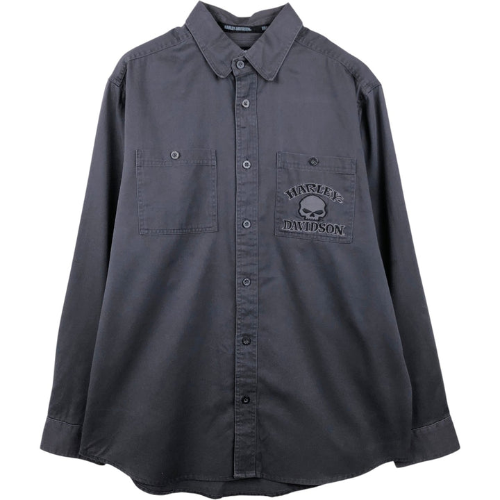 Harley-Davidson Skull Pattern Hidden Button-Down Long-Sleeve Work Shirt (Men's Size L) cotton black type Vintage Second Hand