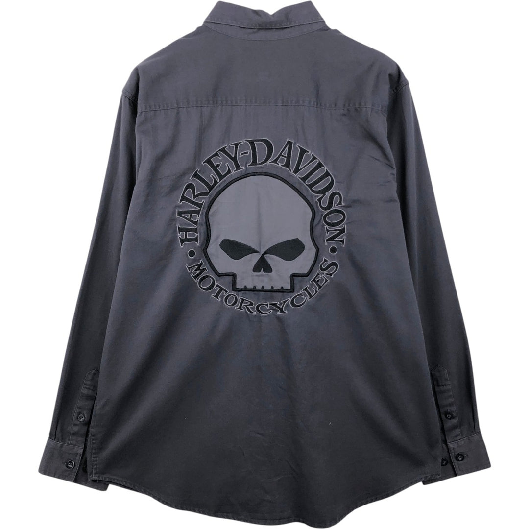 Harley-Davidson Skull Pattern Hidden Button-Down Long-Sleeve Work Shirt (Men's Size L) cotton black type Vintage Second Hand