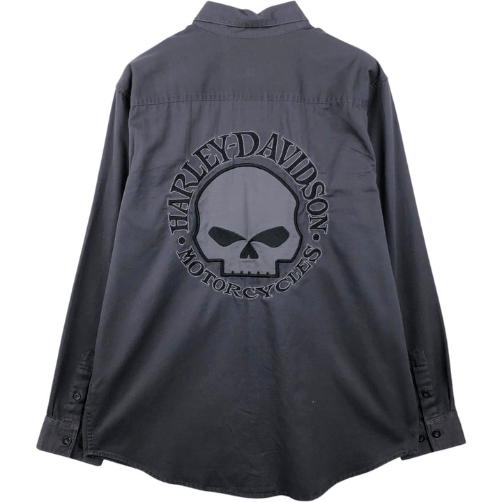 Harley-Davidson Skull Pattern Hidden Button-Down Long-Sleeve Work Shirt (Men's Size L) cotton black type Vintage Second Hand