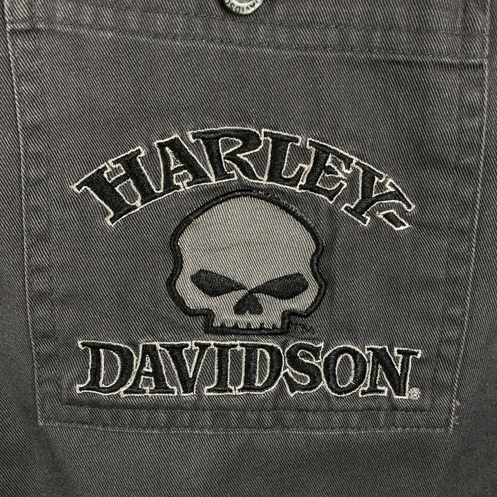 Harley-Davidson Skull Pattern Hidden Button-Down Long-Sleeve Work Shirt (Men's Size L) cotton black type Vintage Second Hand
