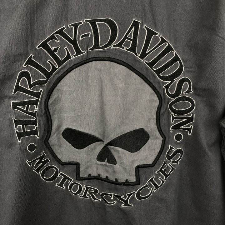Harley-Davidson Skull Pattern Hidden Button-Down Long-Sleeve Work Shirt (Men's Size L) cotton black type Vintage Second Hand