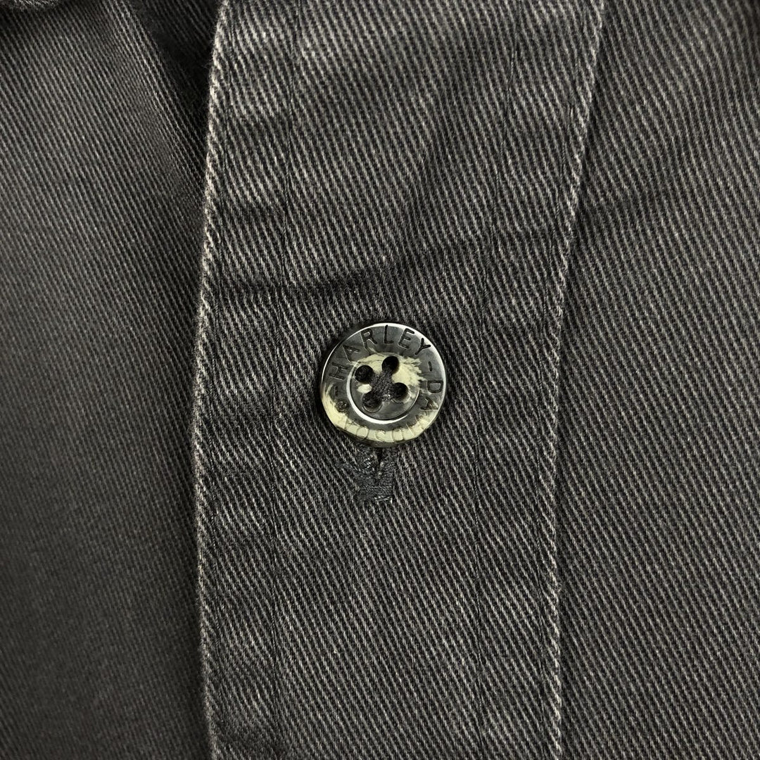 Harley-Davidson Skull Pattern Hidden Button-Down Long-Sleeve Work Shirt (Men's Size L) cotton black type Vintage Second Hand