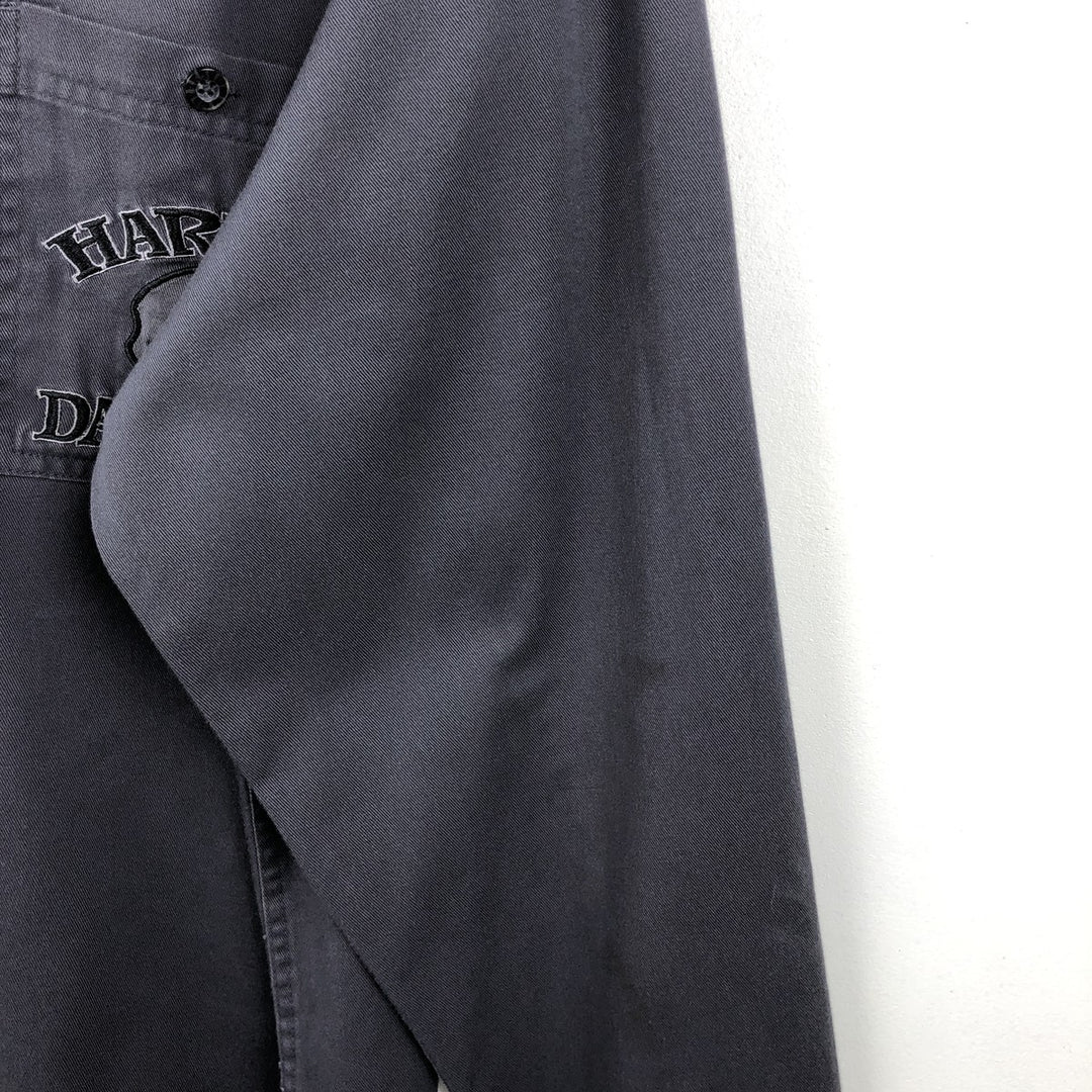 Harley-Davidson Skull Pattern Hidden Button-Down Long-Sleeve Work Shirt (Men's Size L) cotton black type Vintage Second Hand