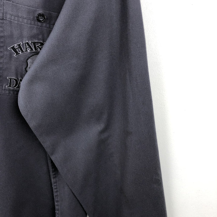 Harley-Davidson Skull Pattern Hidden Button-Down Long-Sleeve Work Shirt (Men's Size L) cotton black type Vintage Second Hand