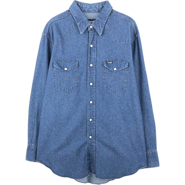 80s-90'S Wrangler Regular Fit Long-Sleeve Denim Western Shirt, Made in USA, Men's XL Equivalent, Vintage cotton blue type Vintage Second Hand