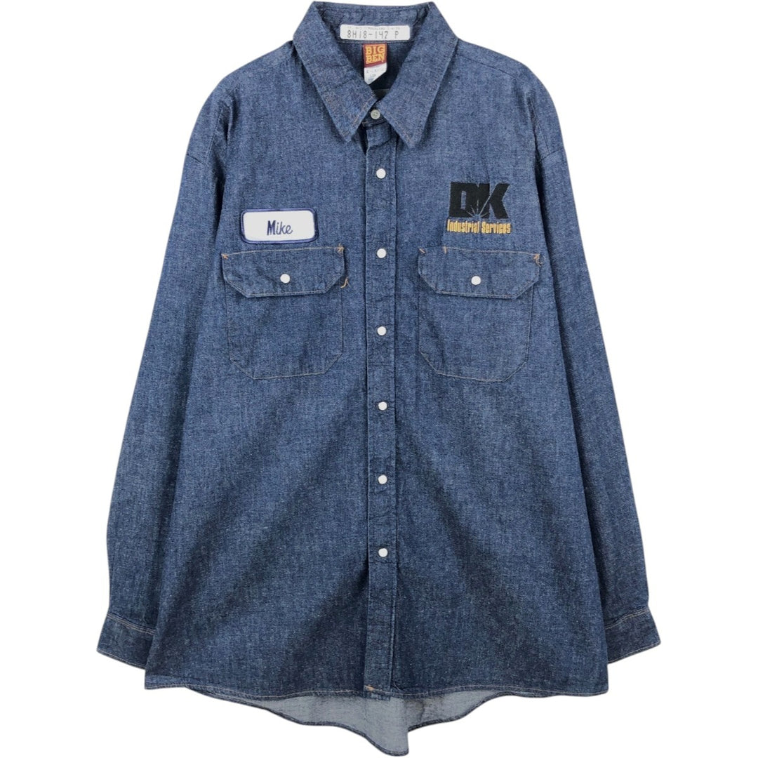 80'S Big Ben Bat Dye Long Sleeve Denim Shirt, Made in USA, Men's XL (approx.), Vintage cotton navy blue type Vintage Second Hand