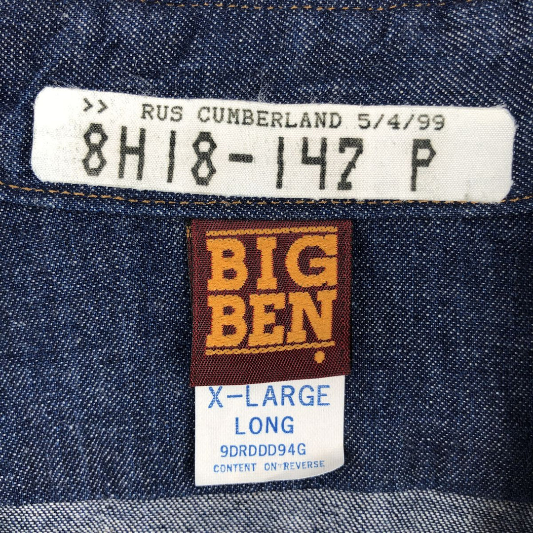 80'S Big Ben Bat Dye Long Sleeve Denim Shirt, Made in USA, Men's XL (approx.), Vintage cotton navy blue type Vintage Second Hand