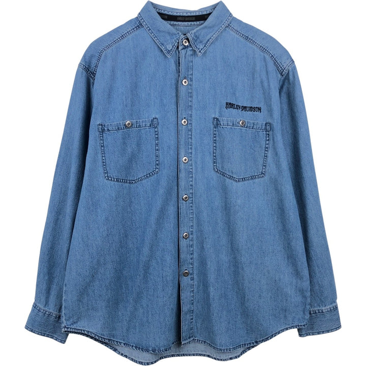 Harley-Davidson Hidden Button-Down Long Sleeve Denim Shirt, Men's Size XL cotton blue type Vintage Second Hand