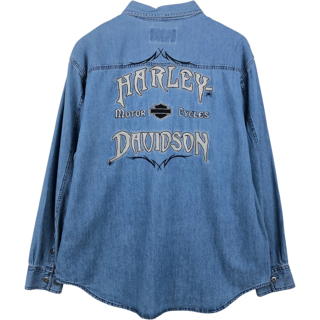 Harley-Davidson Hidden Button-Down Long Sleeve Denim Shirt, Men's Size XL cotton blue type Vintage Second Hand