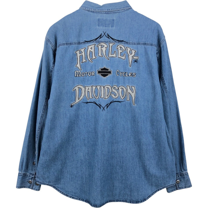 Harley-Davidson Hidden Button-Down Long Sleeve Denim Shirt, Men's Size XL cotton blue type Vintage Second Hand