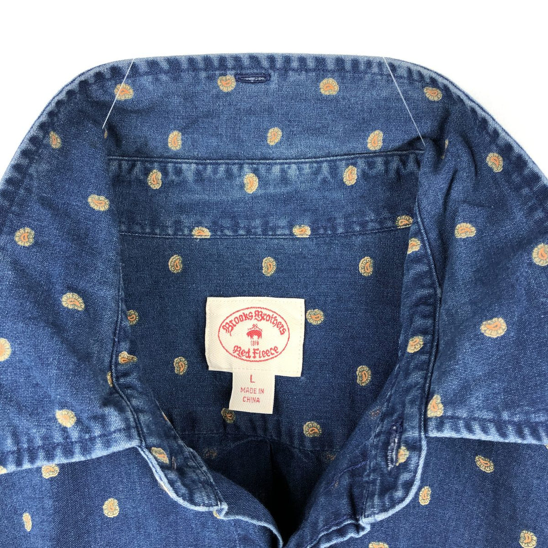 Brooks Brothers Red Fleece All-Over Paisley Pattern Long-Sleeve Button-Down Shirt, Men's Size L (approx.) cotton Navy blue Vintage Second Hand