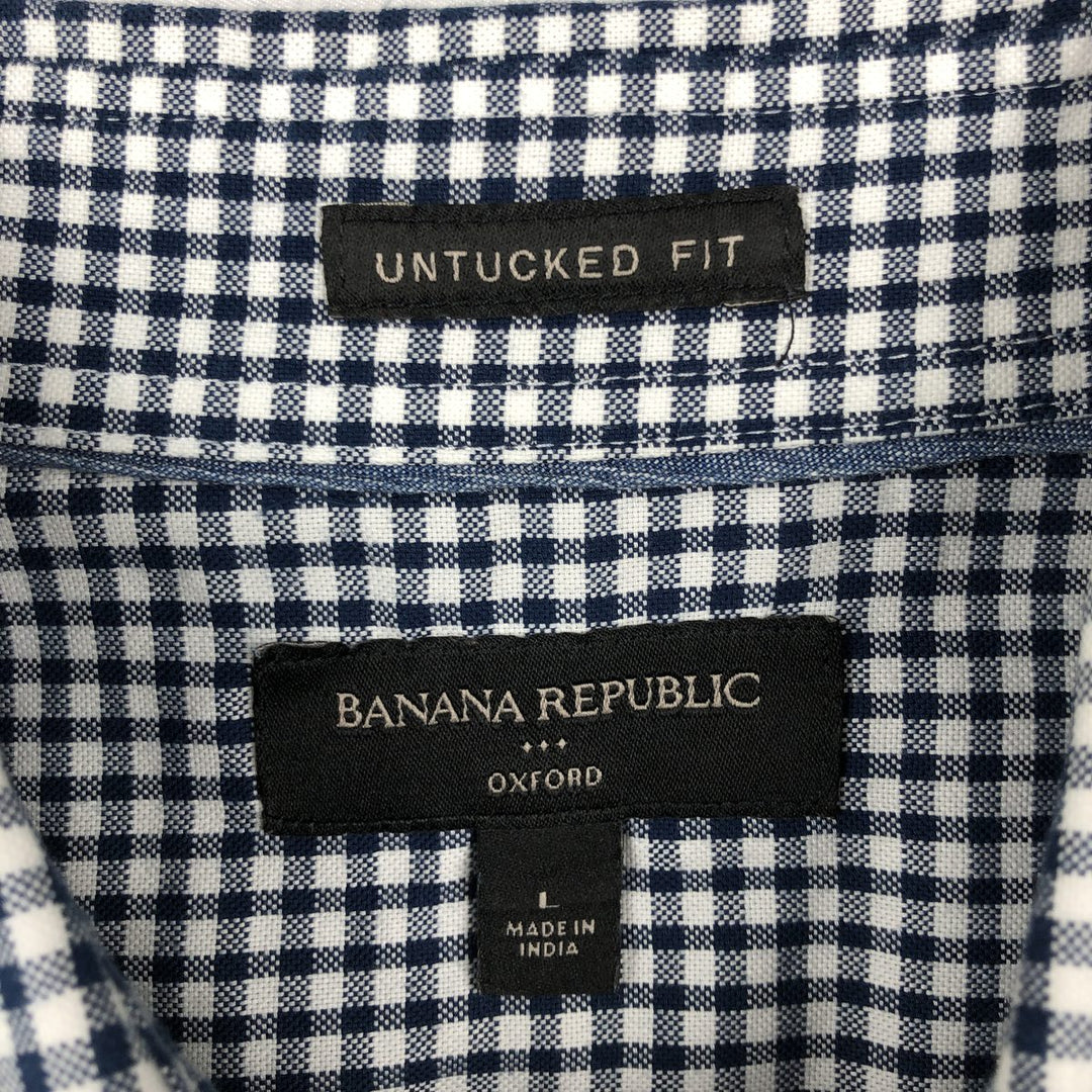 Banana Republic Untucked Fit Gingham Check Long-Sleeve Button-Down Check Shirt (Men's Size L) cotton navy blue type Vintage Second Hand
