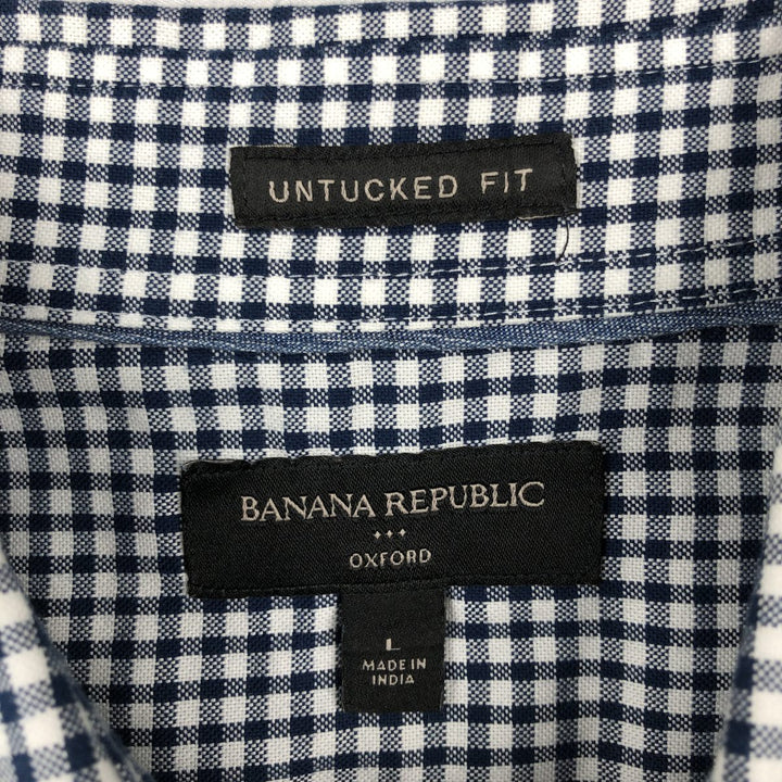 Banana Republic Untucked Fit Gingham Check Long-Sleeve Button-Down Check Shirt (Men's Size L) cotton navy blue type Vintage Second Hand