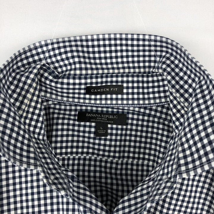 Banana Republic CAMDEN FIT Gingham Check Long-Sleeve Cotton Check Shirt (Men's Size L) cotton navy blue type Vintage Second Hand