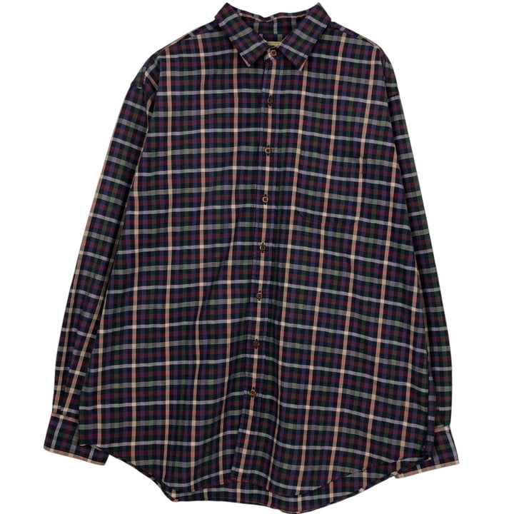 ~90'S LLBean Check Pattern Long-Sleeve Cotton Check Shirt, Men's XL Equivalent, Vintage cotton navy blue type Vintage Second Hand