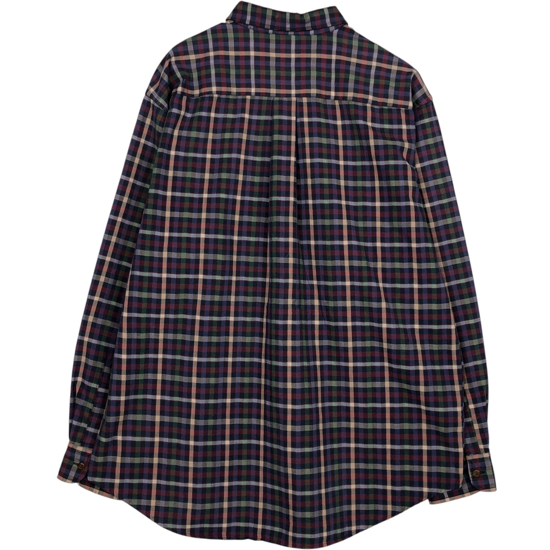 ~90'S LLBean Check Pattern Long-Sleeve Cotton Check Shirt, Men's XL Equivalent, Vintage cotton navy blue type Vintage Second Hand