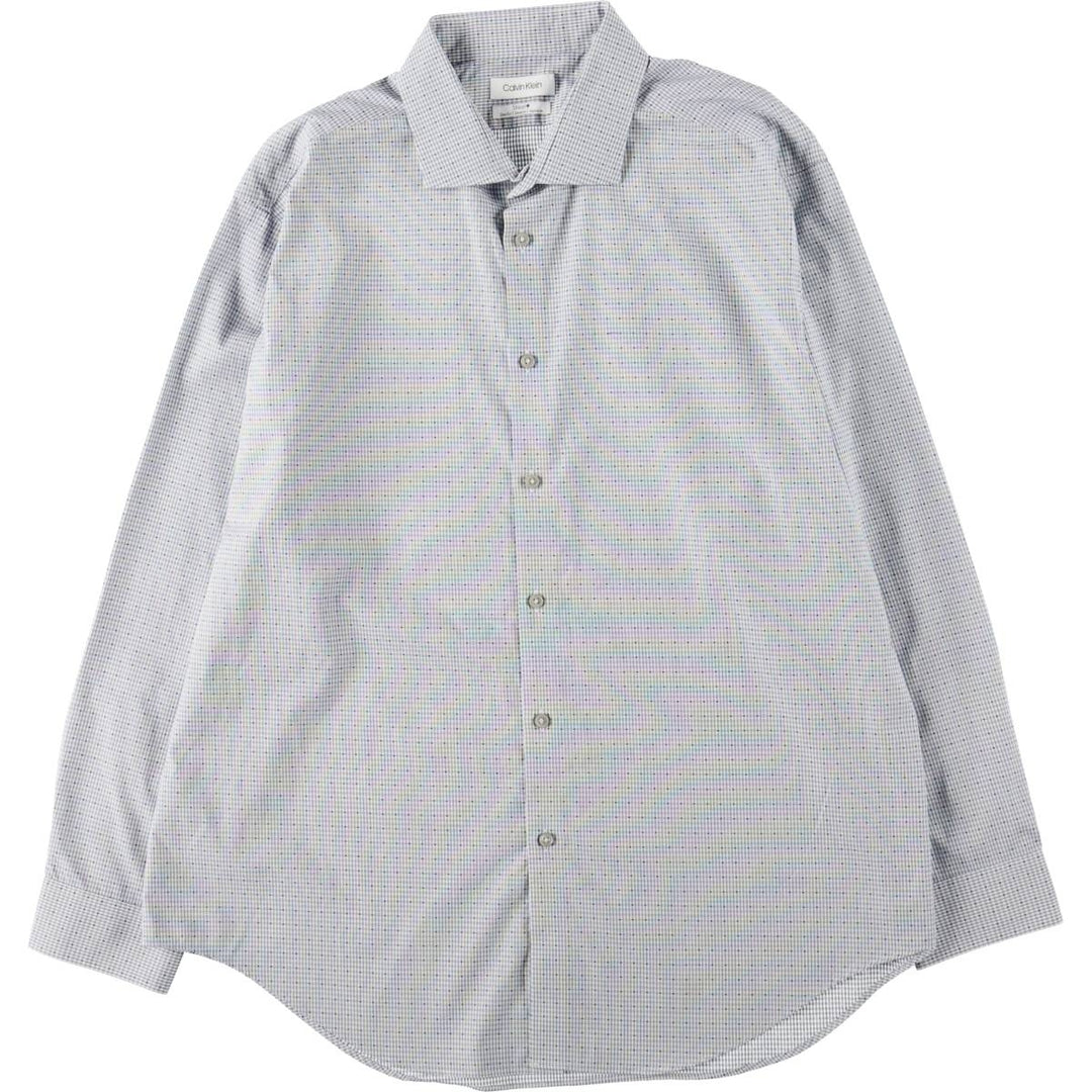 2000'S Calvin Klein wide-collar long-sleeved cotton check shirt, men's size XL. cotton white type Vintage Second Hand